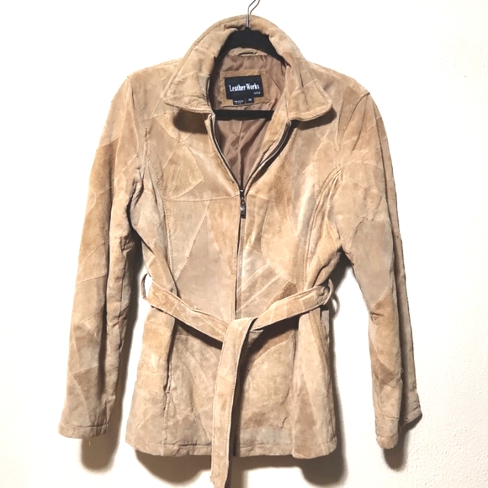 Leather Works 100% Leather Suede Patchwork Zip Front Blazer Jacket Size Medium